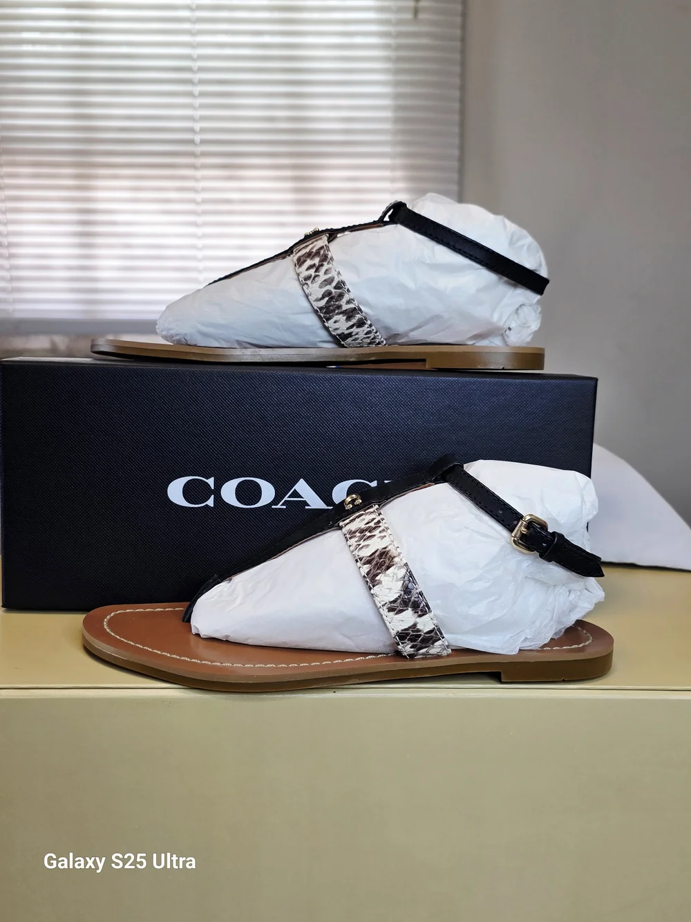 COACH Liza COH Leather Sandal In Black/Natural  Size 7.5B